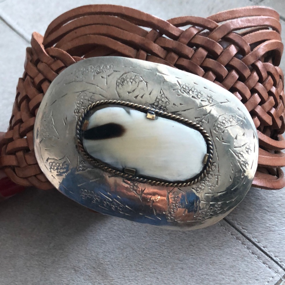 Leather belt with silver and natural stone
